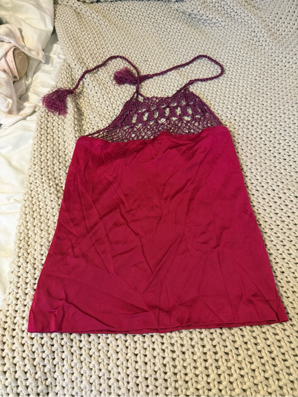 Ralph Lauren Berry Crochet Yoke Satin Chemise